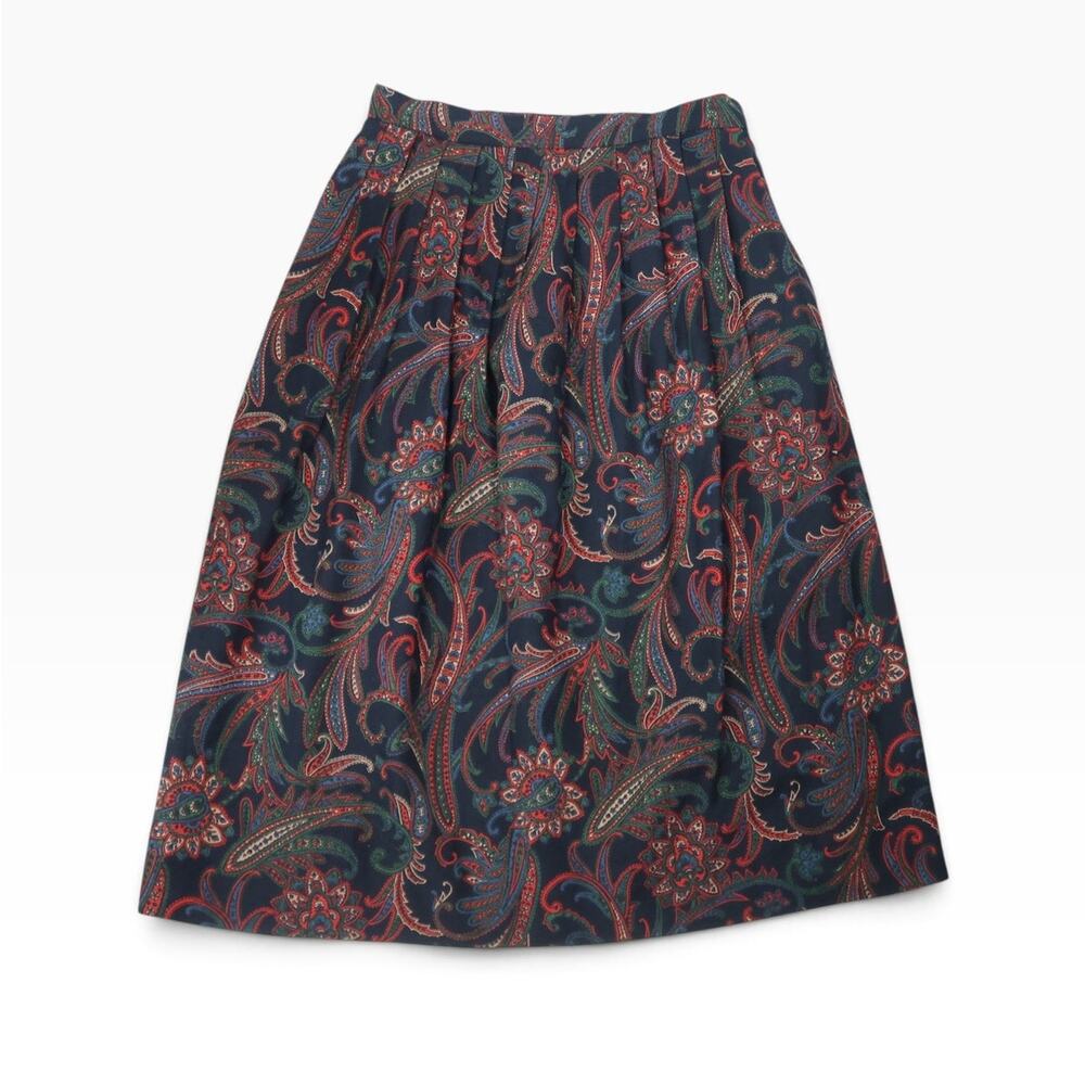 Vintage 80s Navy Blue and Red Paisley Pleated Midi A-Line Skirt 28"